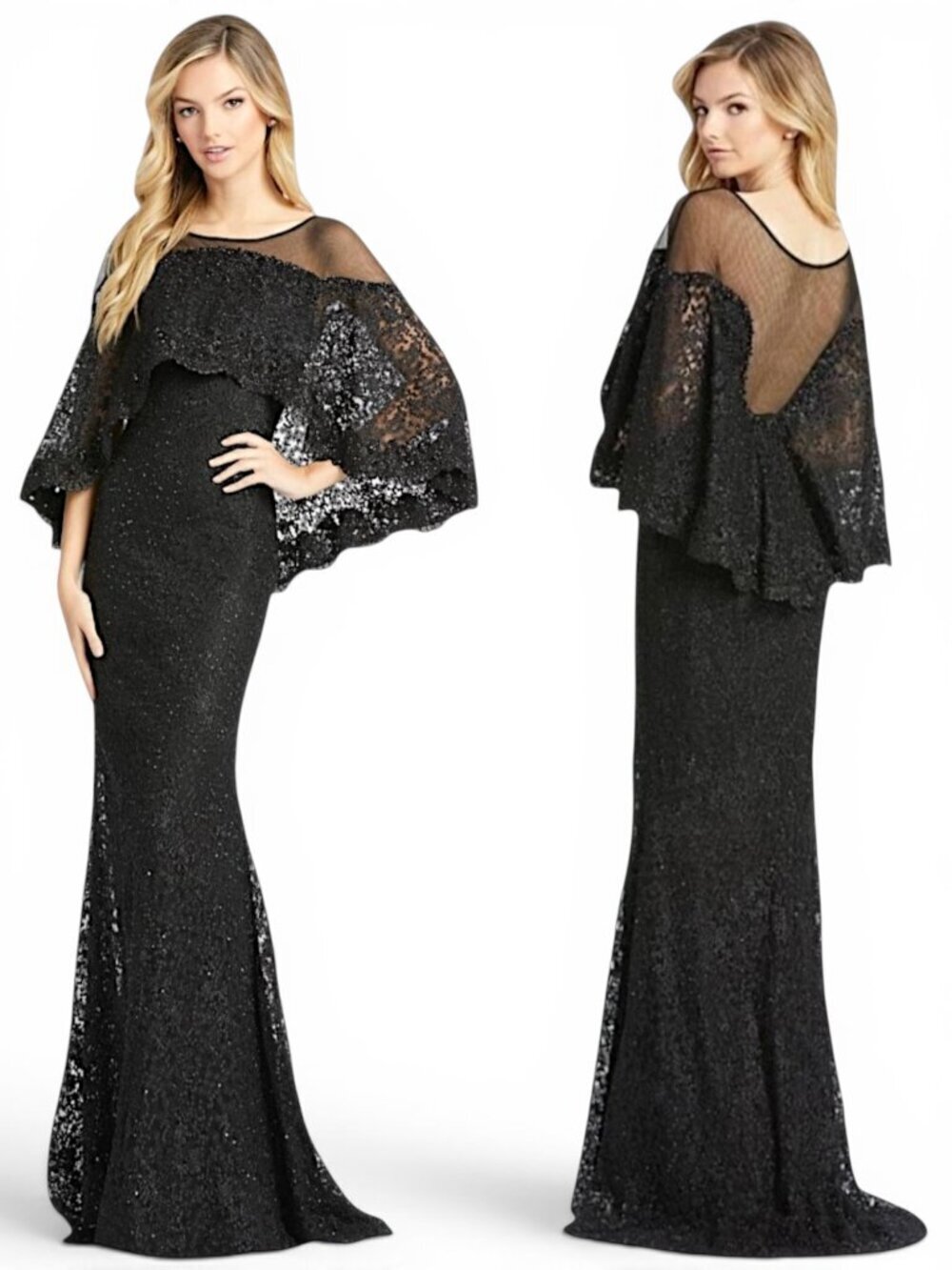 Mac Duggal Beaded Lace Cape Mermaid Train Evening Formal Dress Gown NWT New 6